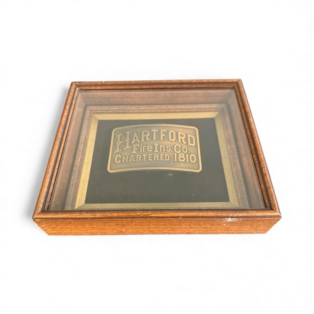 Vintage Solid Brass HARTFORD Fire Ins. Co. Chartered 1810 Belt Buckle 3 1/2" L